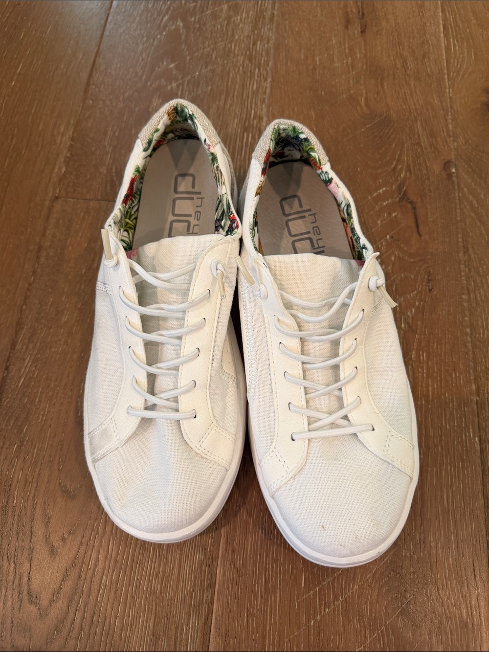Hey Dude Women's Cream/White Canvas Lace-Up Sneakers with Floral Lining